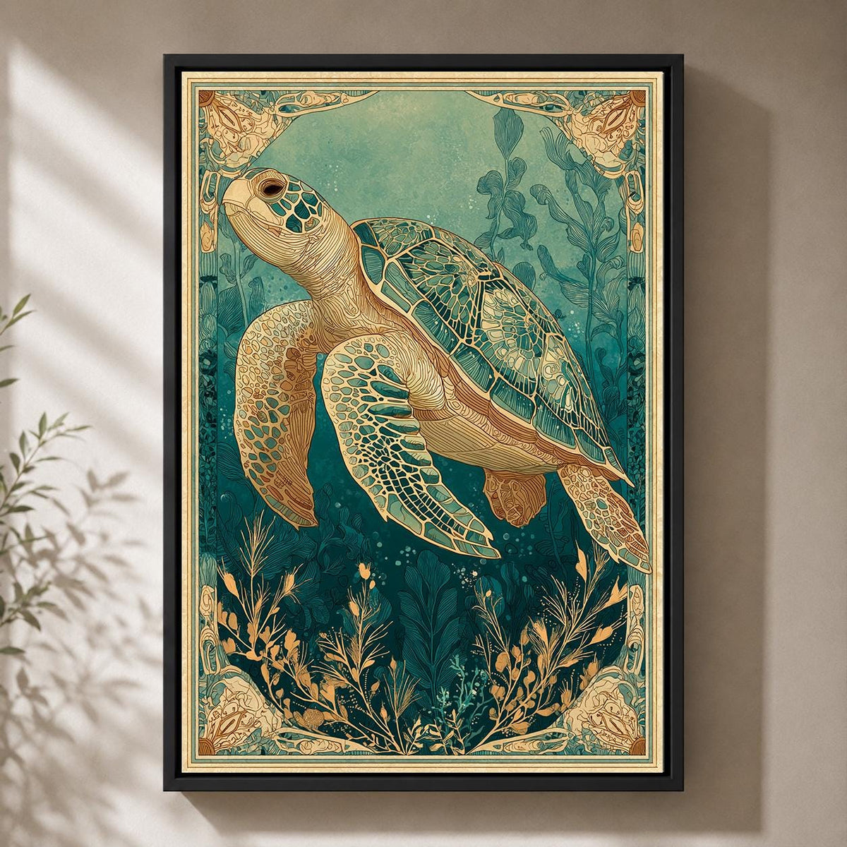 Sea Turtle Framed Canvas Art, Coastal Art Nouveau Print, Ocean Animal Decor by The Wall Art Studio - physical