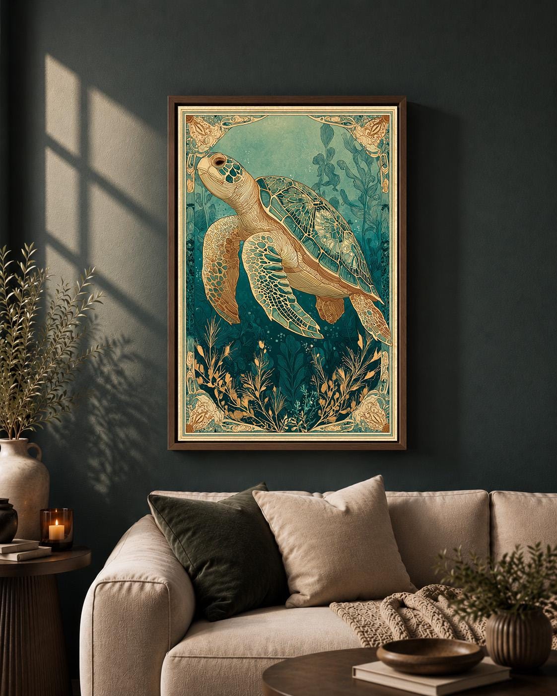 Sea Turtle Framed Canvas Art, Coastal Art Nouveau Print, Ocean Animal Decor by The Wall Art Studio - physical
