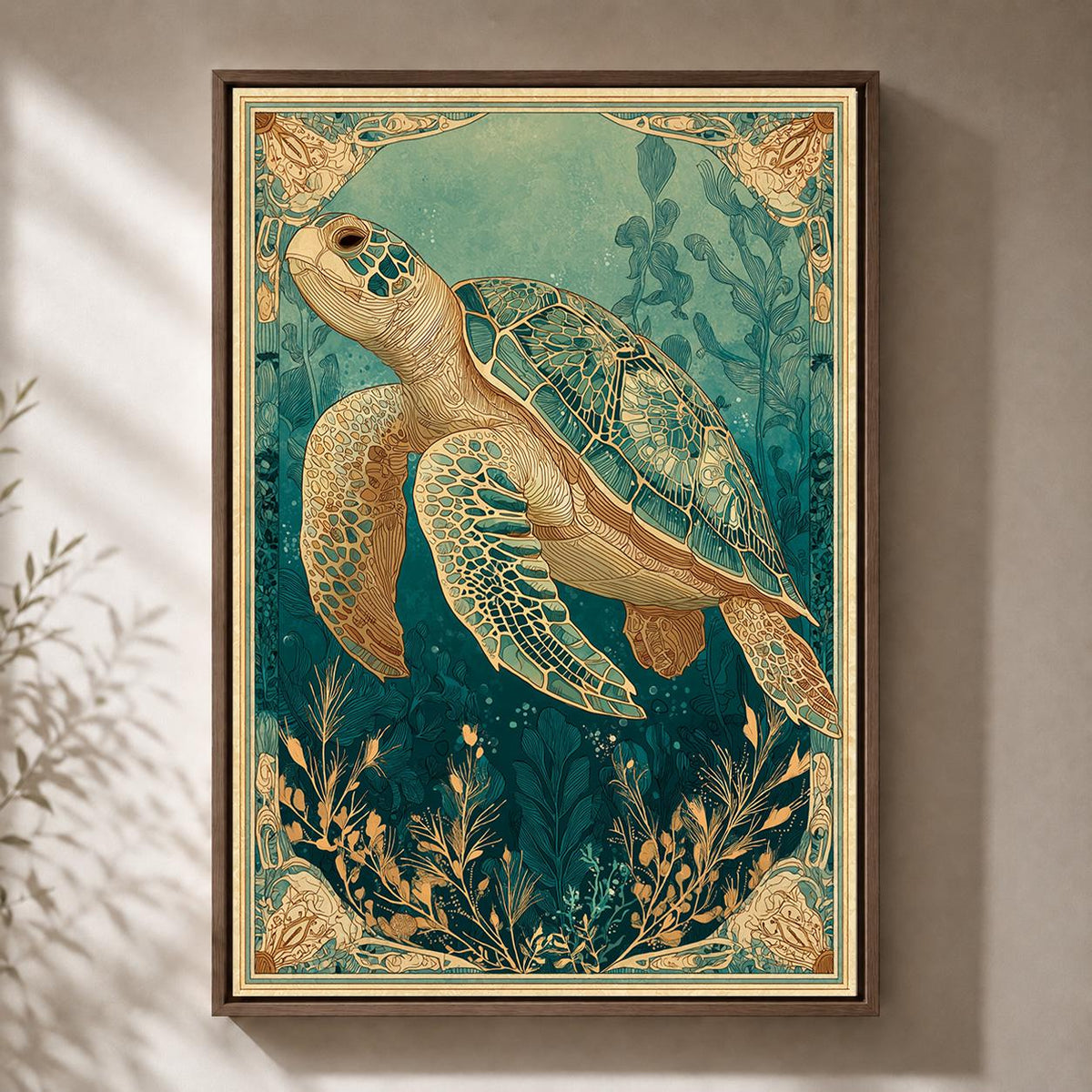Sea Turtle Framed Canvas Art, Coastal Art Nouveau Print, Ocean Animal Decor by The Wall Art Studio - physical