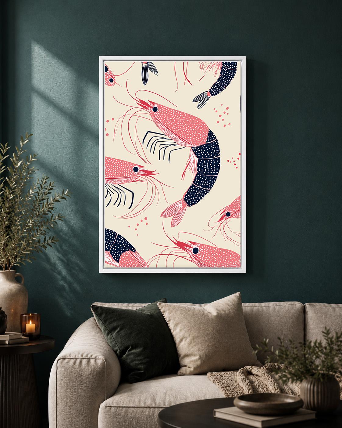 Shrimp Pattern Framed Canvas Art, Coastal Kitchen Decor, Nautical Print by The Wall Art Studio - physical
