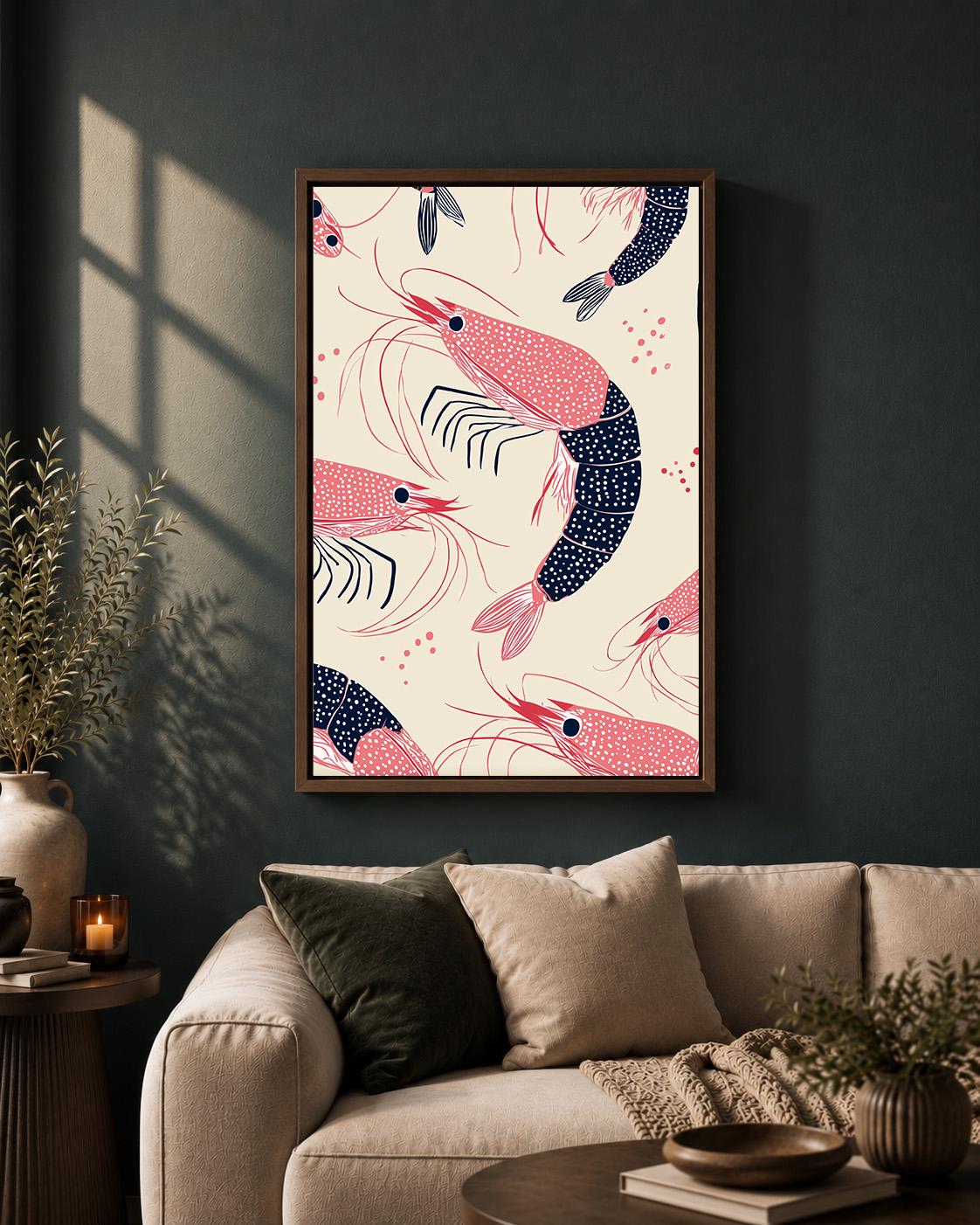 Shrimp Pattern Framed Canvas Art, Coastal Kitchen Decor, Nautical Print by The Wall Art Studio - physical