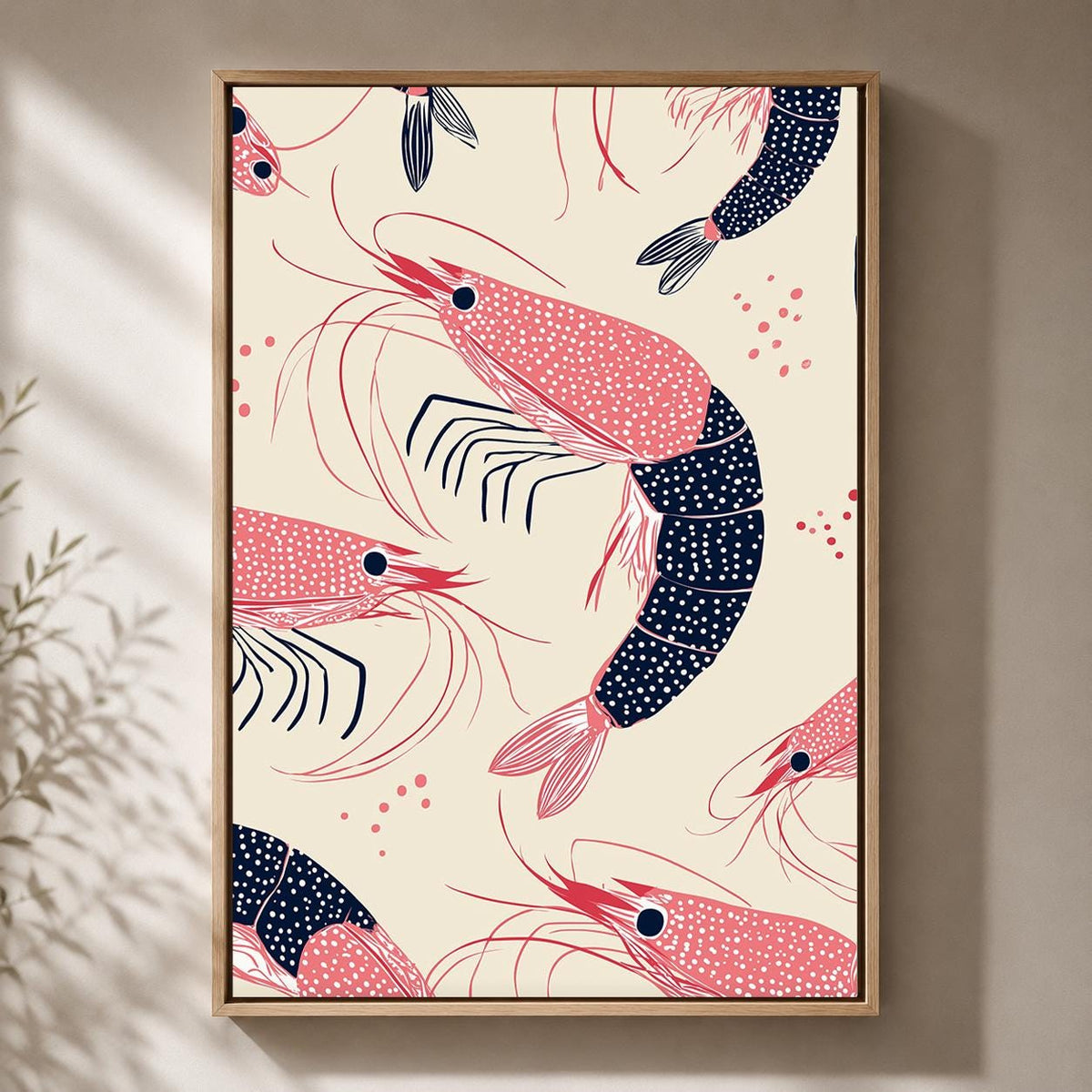 Shrimp Pattern Framed Canvas Art, Coastal Kitchen Decor, Nautical Print by The Wall Art Studio - physical