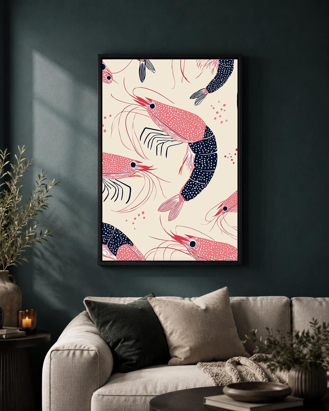Shrimp Pattern Framed Canvas Art, Coastal Kitchen Decor, Nautical Print by The Wall Art Studio - physical