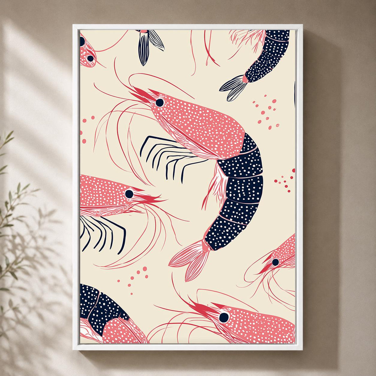Shrimp Pattern Framed Canvas Art, Coastal Kitchen Decor, Nautical Print by The Wall Art Studio - physical