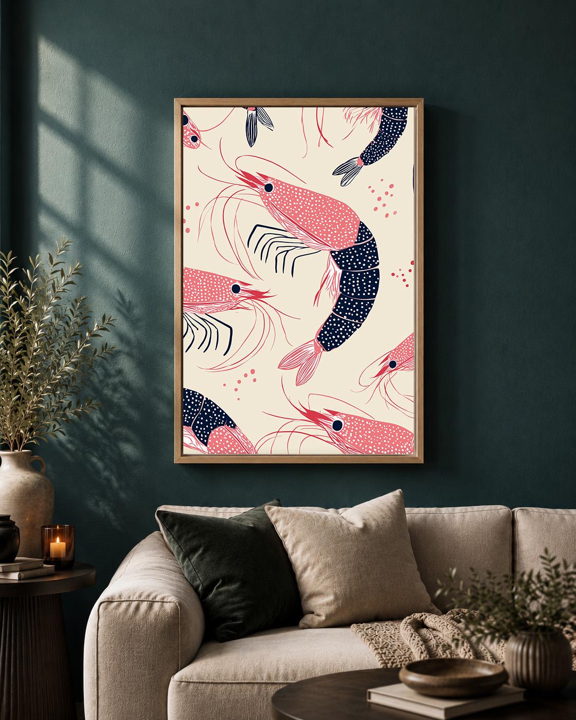 Shrimp Pattern Framed Canvas Art, Coastal Kitchen Decor, Nautical Print by The Wall Art Studio - physical