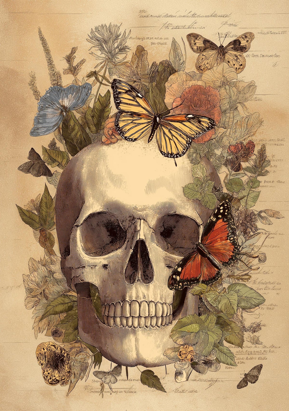 Skull Butterfly Botanical Art Print, Vintage Gothic Academia Poster by The Wall Art Studio - physical