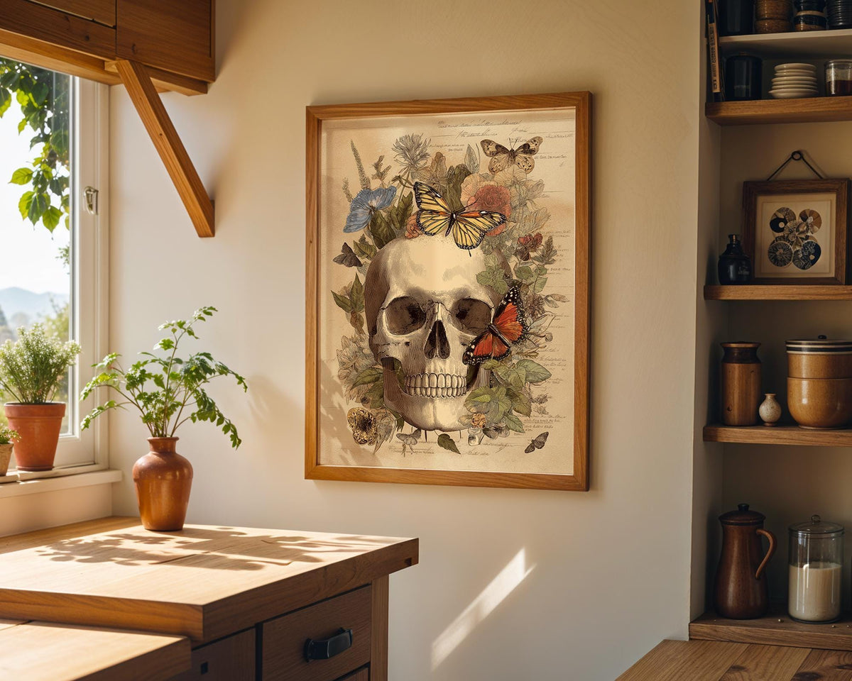 Skull Butterfly Botanical Art Print, Vintage Gothic Academia Poster by The Wall Art Studio - physical
