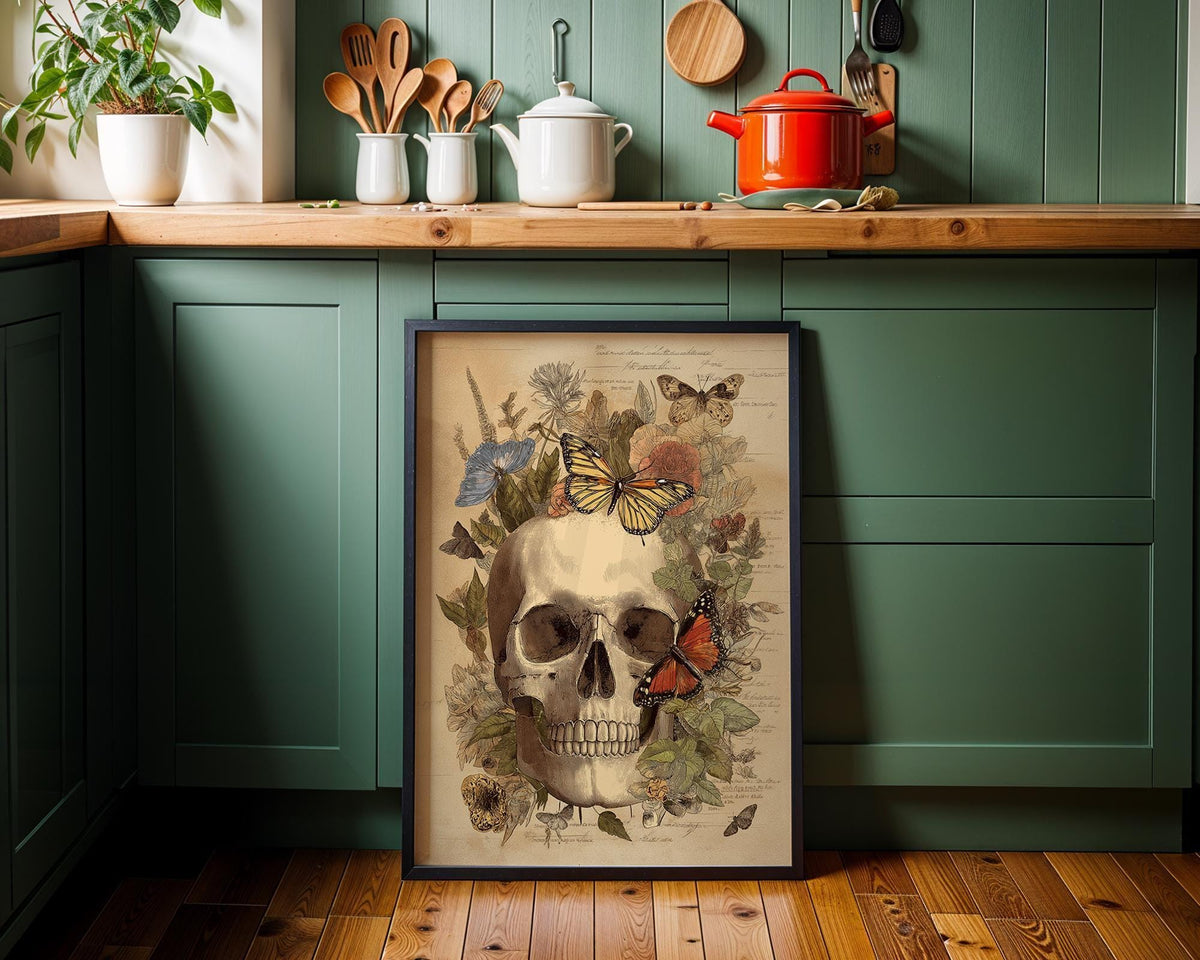 Skull Butterfly Botanical Art Print, Vintage Gothic Academia Poster by The Wall Art Studio - physical