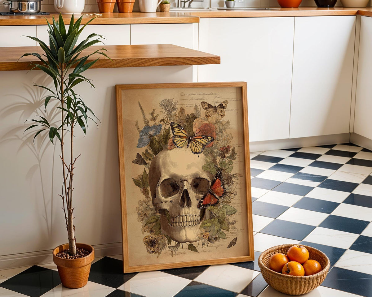 Skull Butterfly Botanical Art Print, Vintage Gothic Academia Poster by The Wall Art Studio - physical