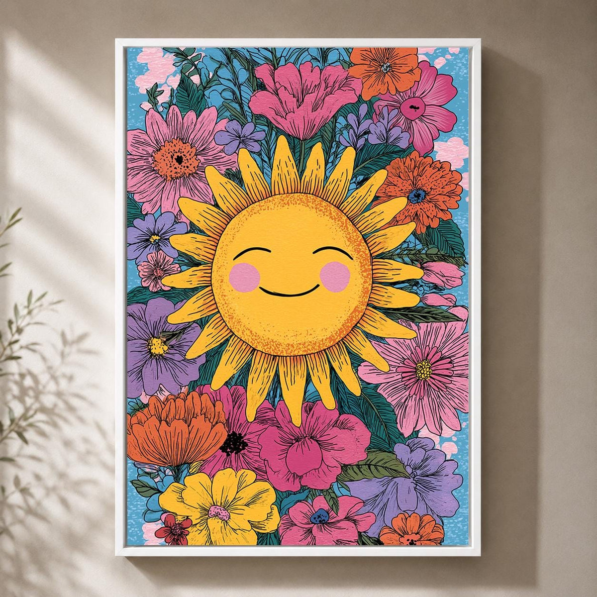 Smiling Sun Floral Framed Canvas Art, Boho Nursery Wall Decor, Children's Artwork by The Wall Art Studio - physical