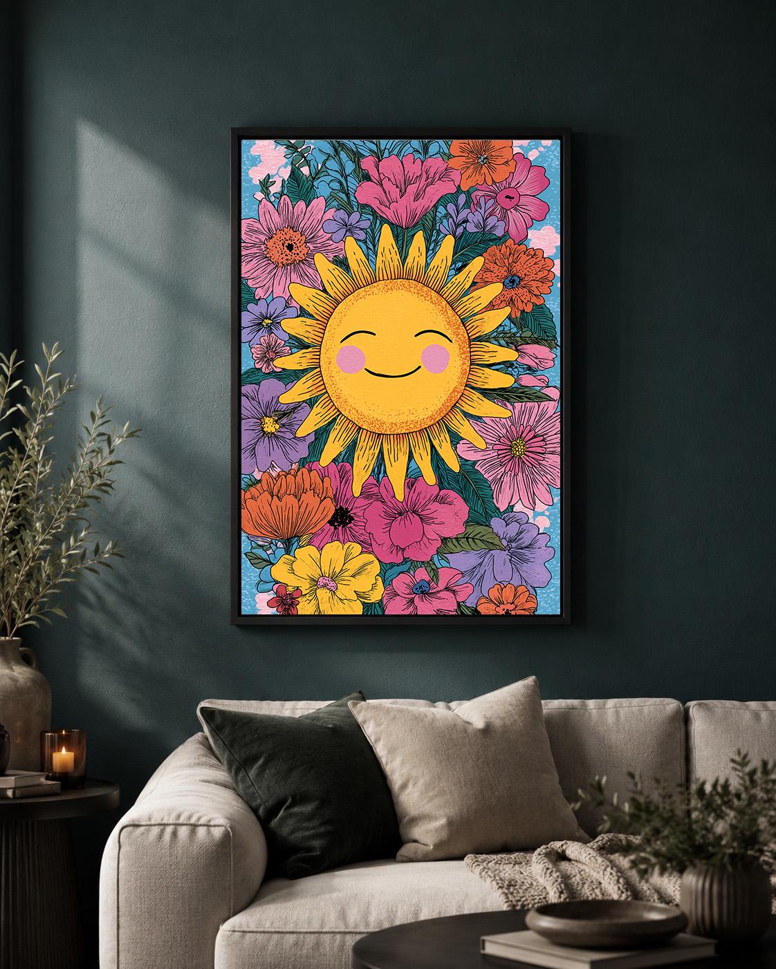 Smiling Sun Floral Framed Canvas Art, Boho Nursery Wall Decor, Children's Artwork by The Wall Art Studio - physical