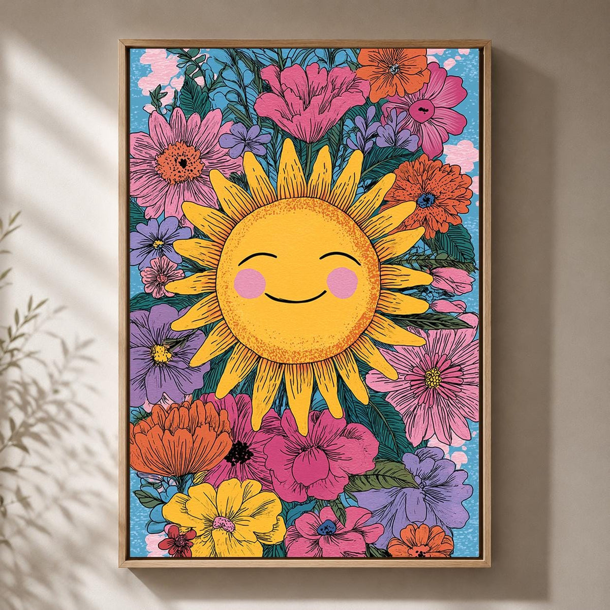 Smiling Sun Floral Framed Canvas Art, Boho Nursery Wall Decor, Children's Artwork by The Wall Art Studio - physical