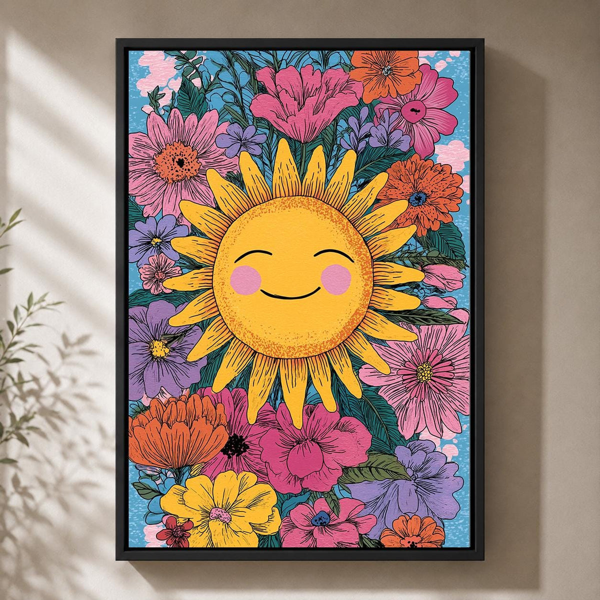 Smiling Sun Floral Framed Canvas Art, Boho Nursery Wall Decor, Children's Artwork by The Wall Art Studio - physical