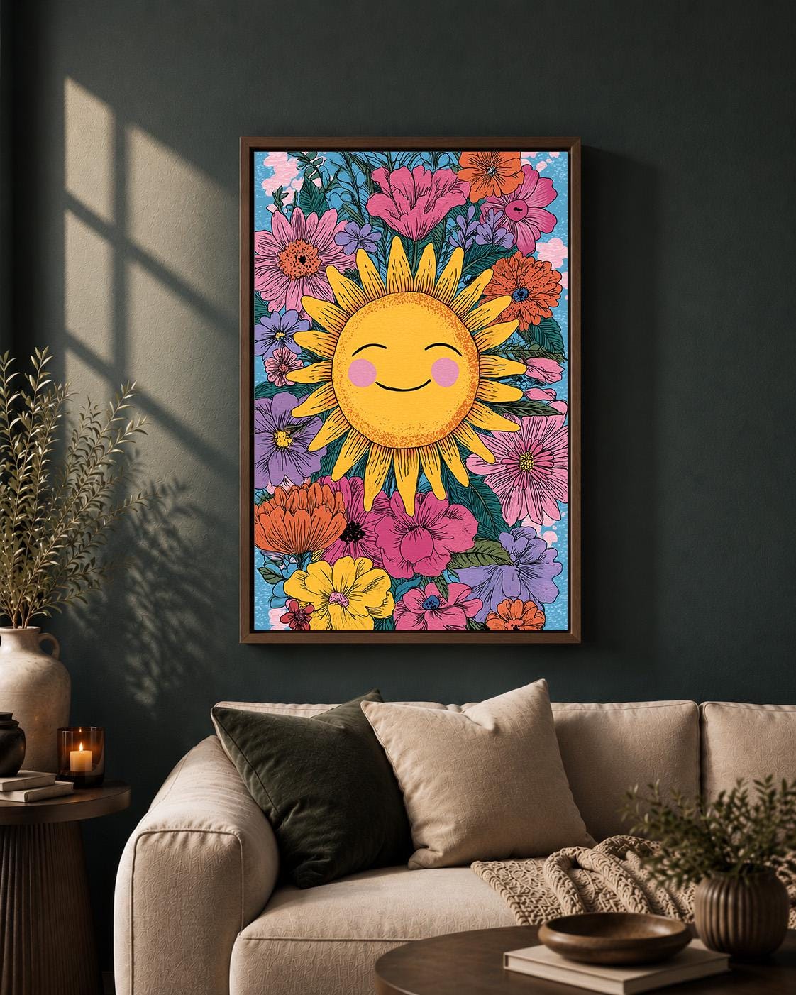 Smiling Sun Floral Framed Canvas Art, Boho Nursery Wall Decor, Children's Artwork by The Wall Art Studio - physical