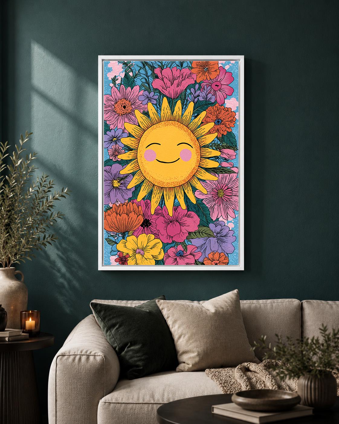 Smiling Sun Floral Framed Canvas Art, Boho Nursery Wall Decor, Children's Artwork by The Wall Art Studio - physical