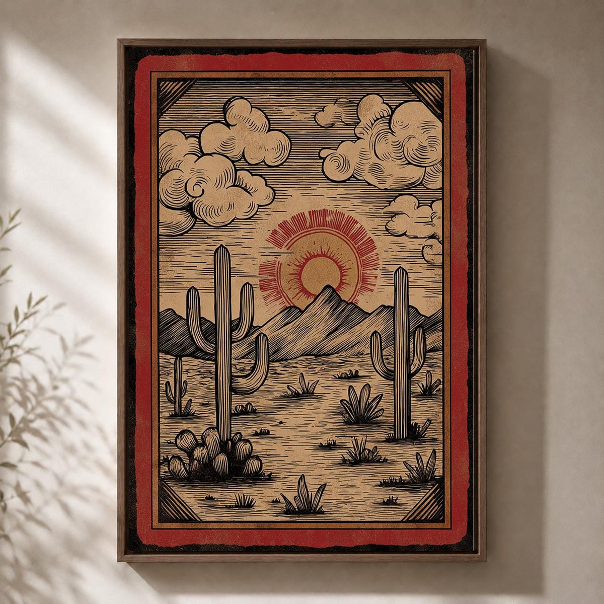 Southwest Desert Landscape Framed Canvas Art, Vintage Cactus Sunset Print by The Wall Art Studio - physical