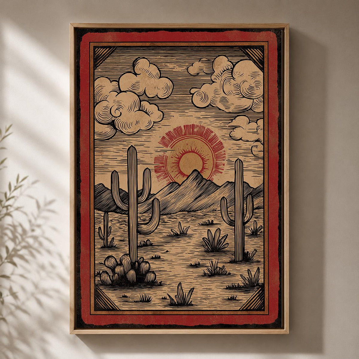 Southwest Desert Landscape Framed Canvas Art, Vintage Cactus Sunset Print by The Wall Art Studio - physical