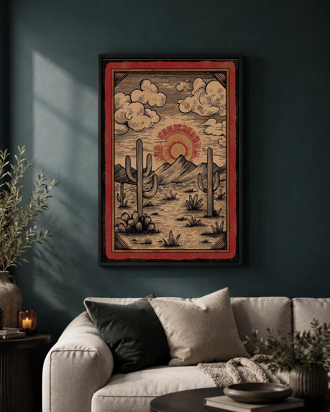 Southwest Desert Landscape Framed Canvas Art, Vintage Cactus Sunset Print by The Wall Art Studio - physical