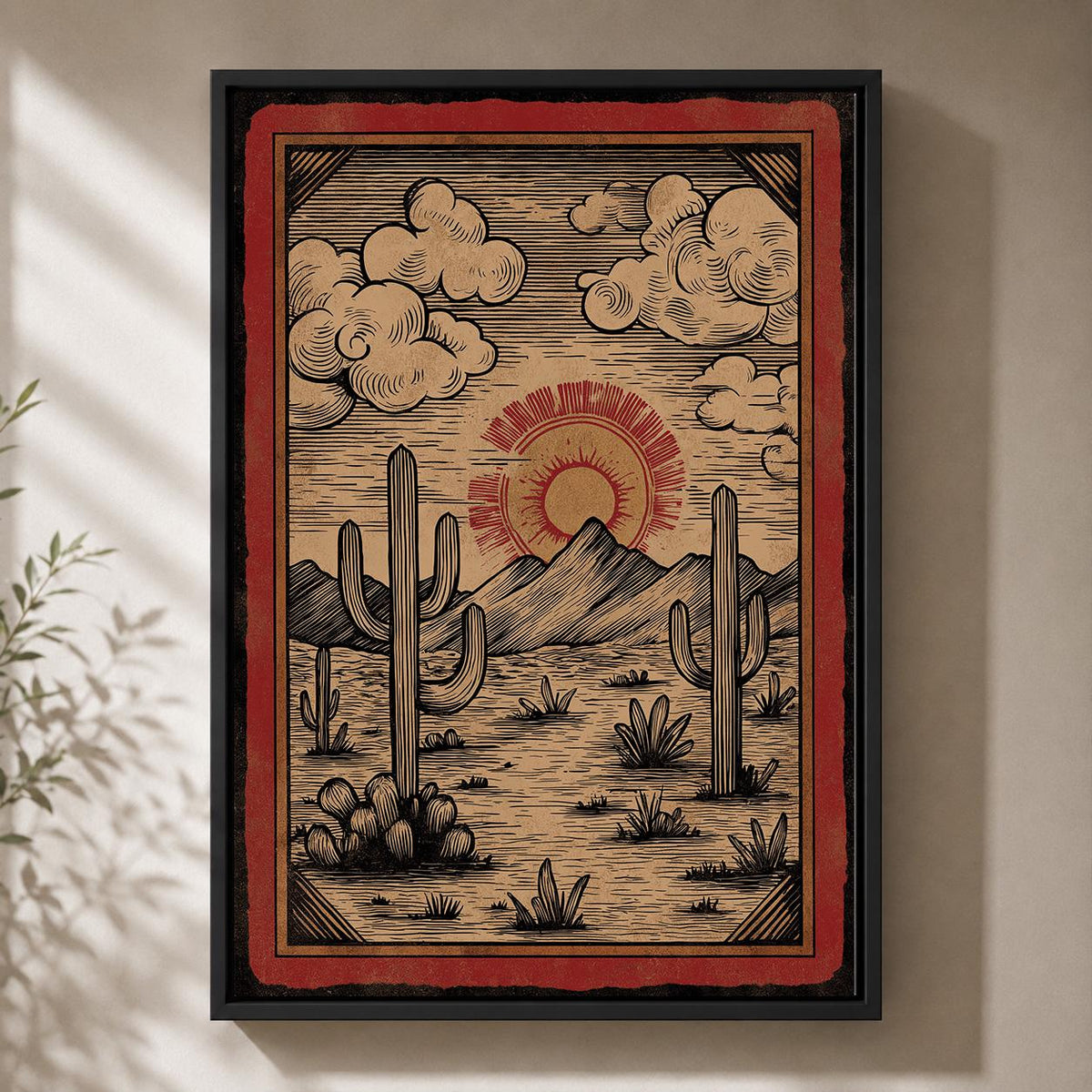 Southwest Desert Landscape Framed Canvas Art, Vintage Cactus Sunset Print by The Wall Art Studio - physical