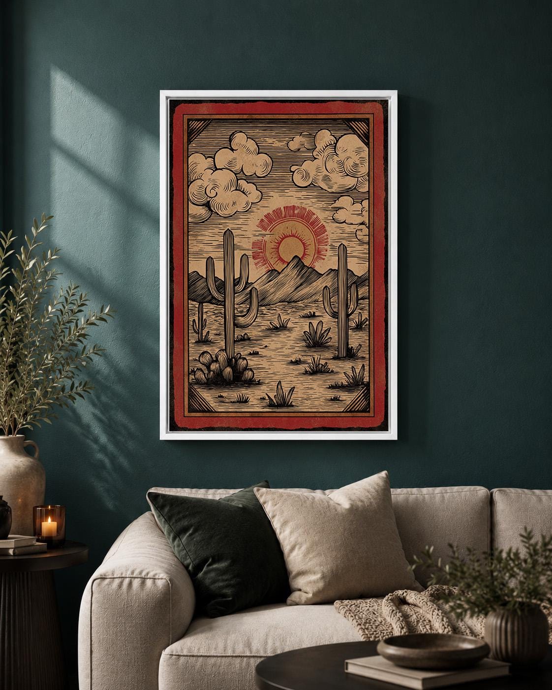 Southwest Desert Landscape Framed Canvas Art, Vintage Cactus Sunset Print by The Wall Art Studio - physical