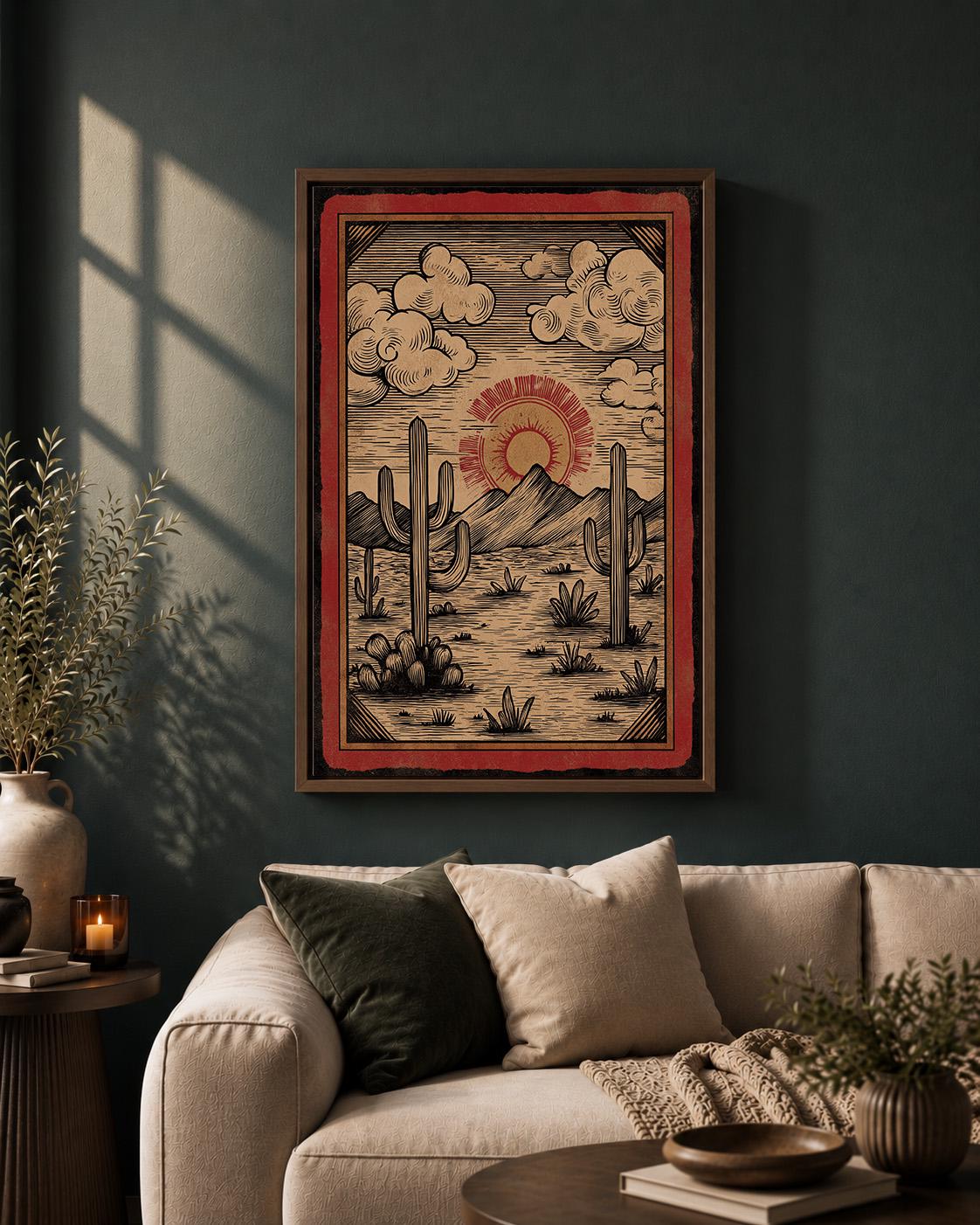 Southwest Desert Landscape Framed Canvas Art, Vintage Cactus Sunset Print by The Wall Art Studio - physical