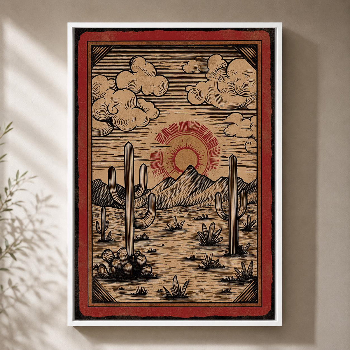 Southwest Desert Landscape Framed Canvas Art, Vintage Cactus Sunset Print by The Wall Art Studio - physical