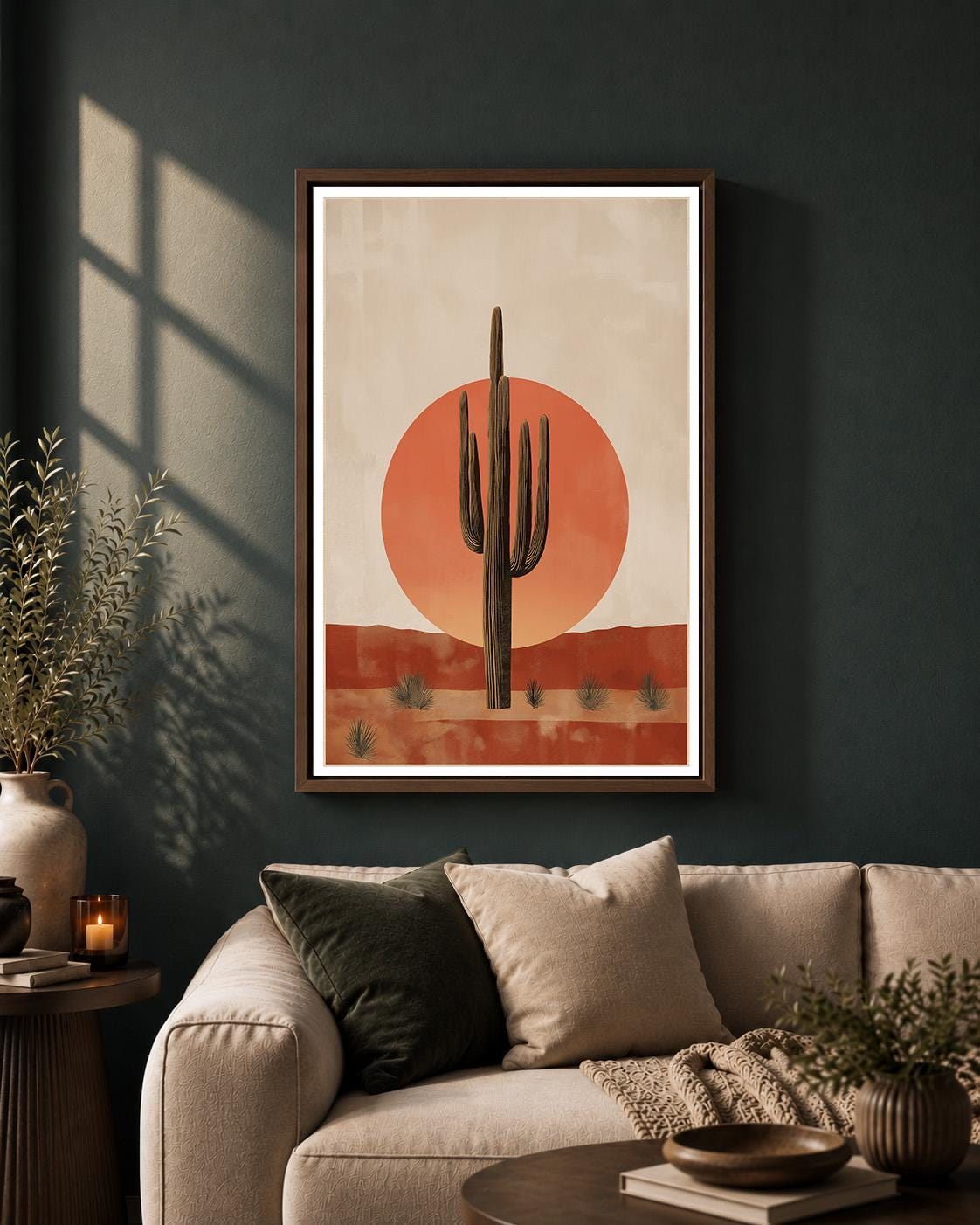 Southwest Saguaro Cactus Framed Canvas Art, Minimalist Desert Landscape Boho Decor by The Wall Art Studio - physical