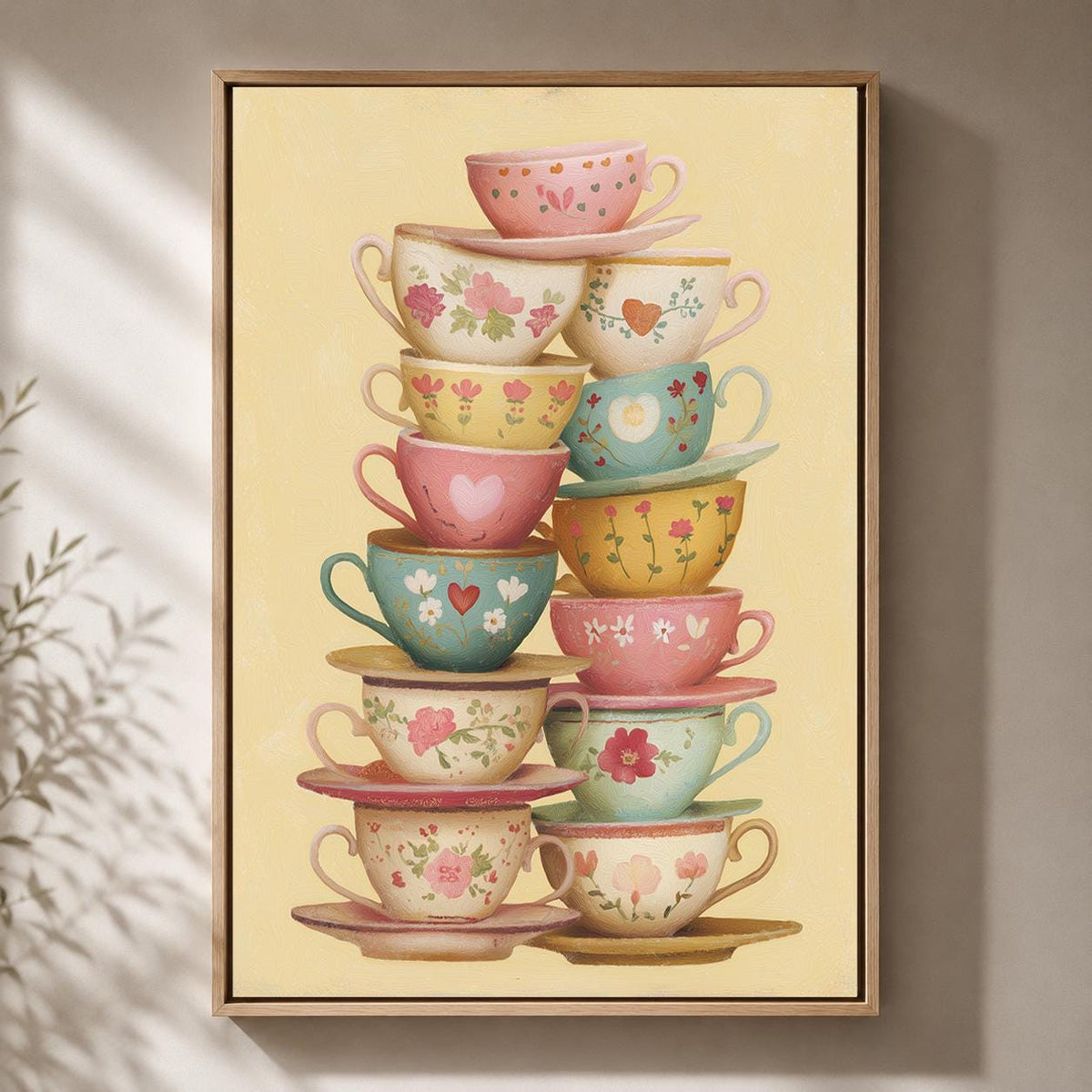 Stacked Floral Teacups Framed Canvas Art, Cottagecore Kitchen Decor, Pastel Coffee Bar Print by The Wall Art Studio - phys...