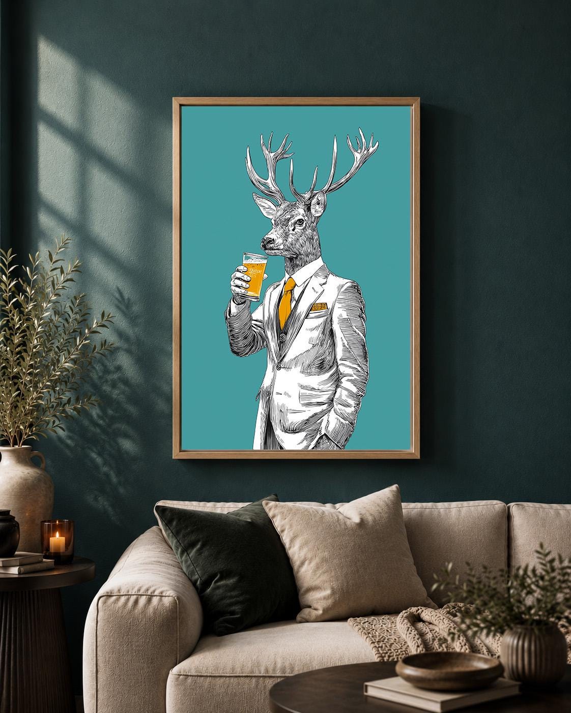 Stag with Beer Framed Canvas Art, Gentleman Animal Print, Rustic Pub Decor by The Wall Art Studio - physical