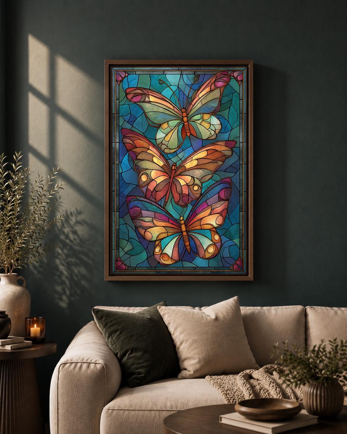 Stained Glass Butterfly Framed Canvas Art, Art Nouveau Wall Decor, Vibrant Nature Print by The Wall Art Studio - physical