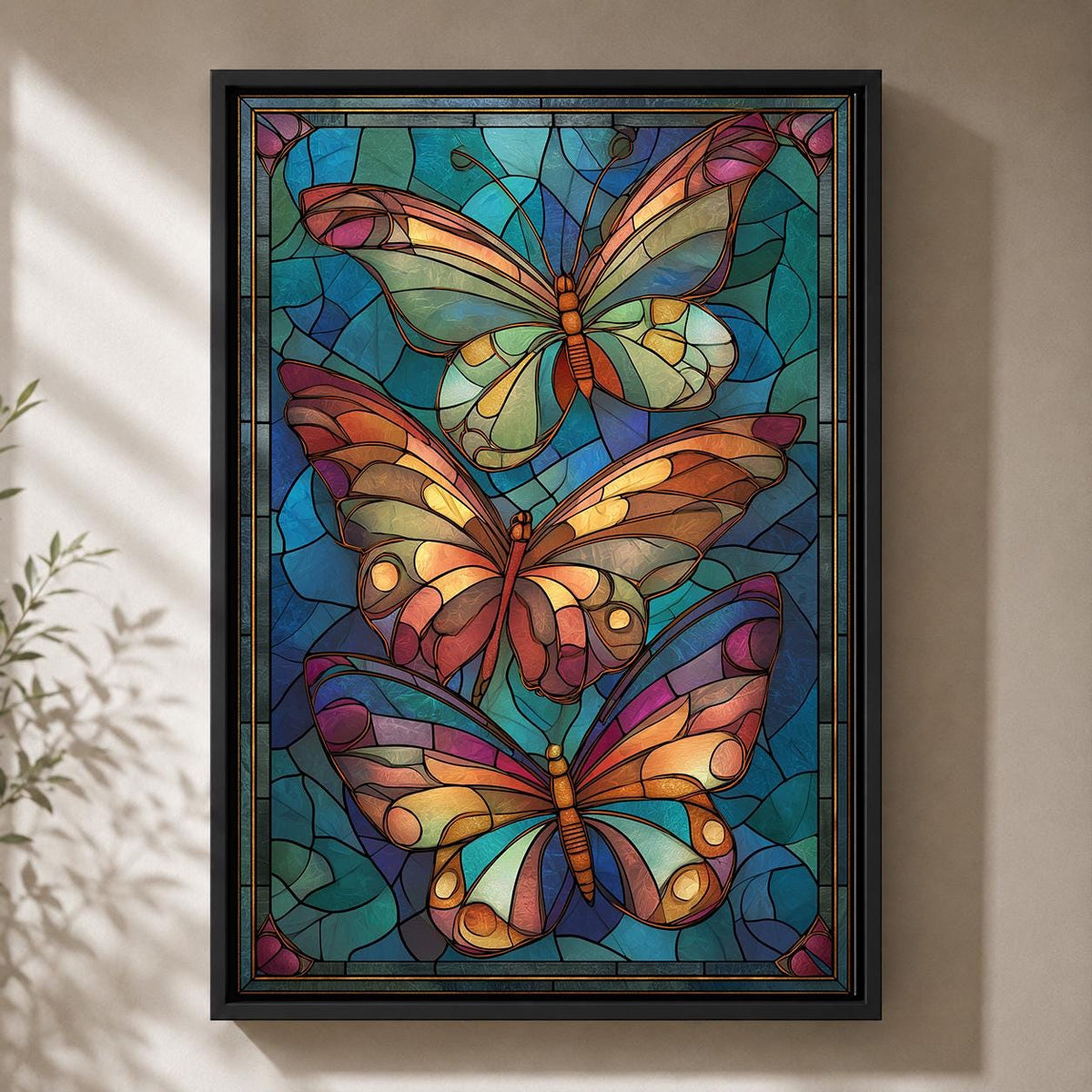 Stained Glass Butterfly Framed Canvas Art, Art Nouveau Wall Decor, Vibrant Nature Print by The Wall Art Studio - physical