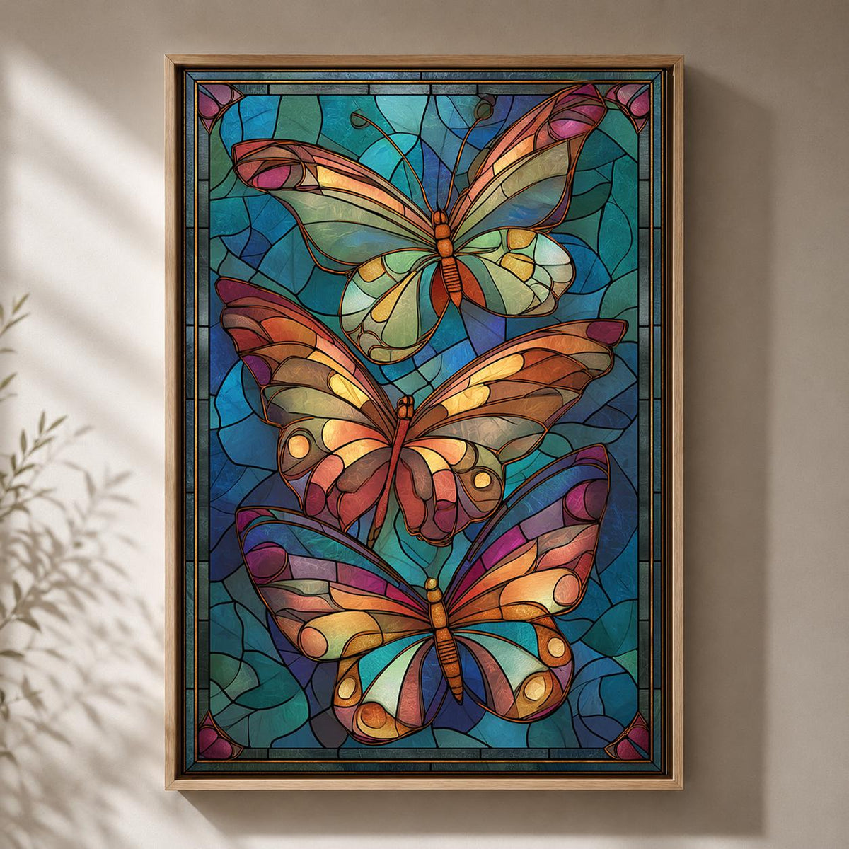 Stained Glass Butterfly Framed Canvas Art, Art Nouveau Wall Decor, Vibrant Nature Print by The Wall Art Studio - physical