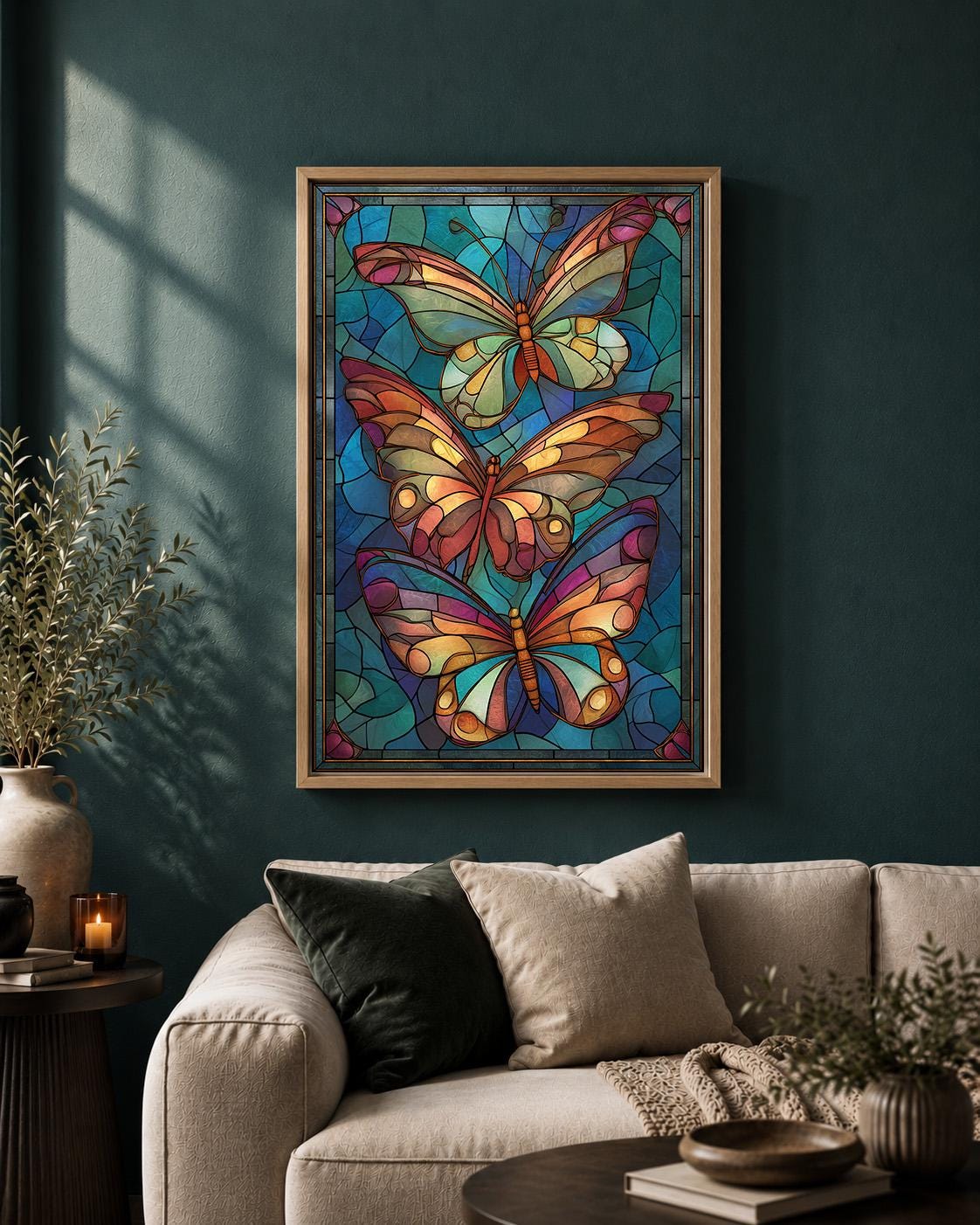 Stained Glass Butterfly Framed Canvas Art, Art Nouveau Wall Decor, Vibrant Nature Print by The Wall Art Studio - physical