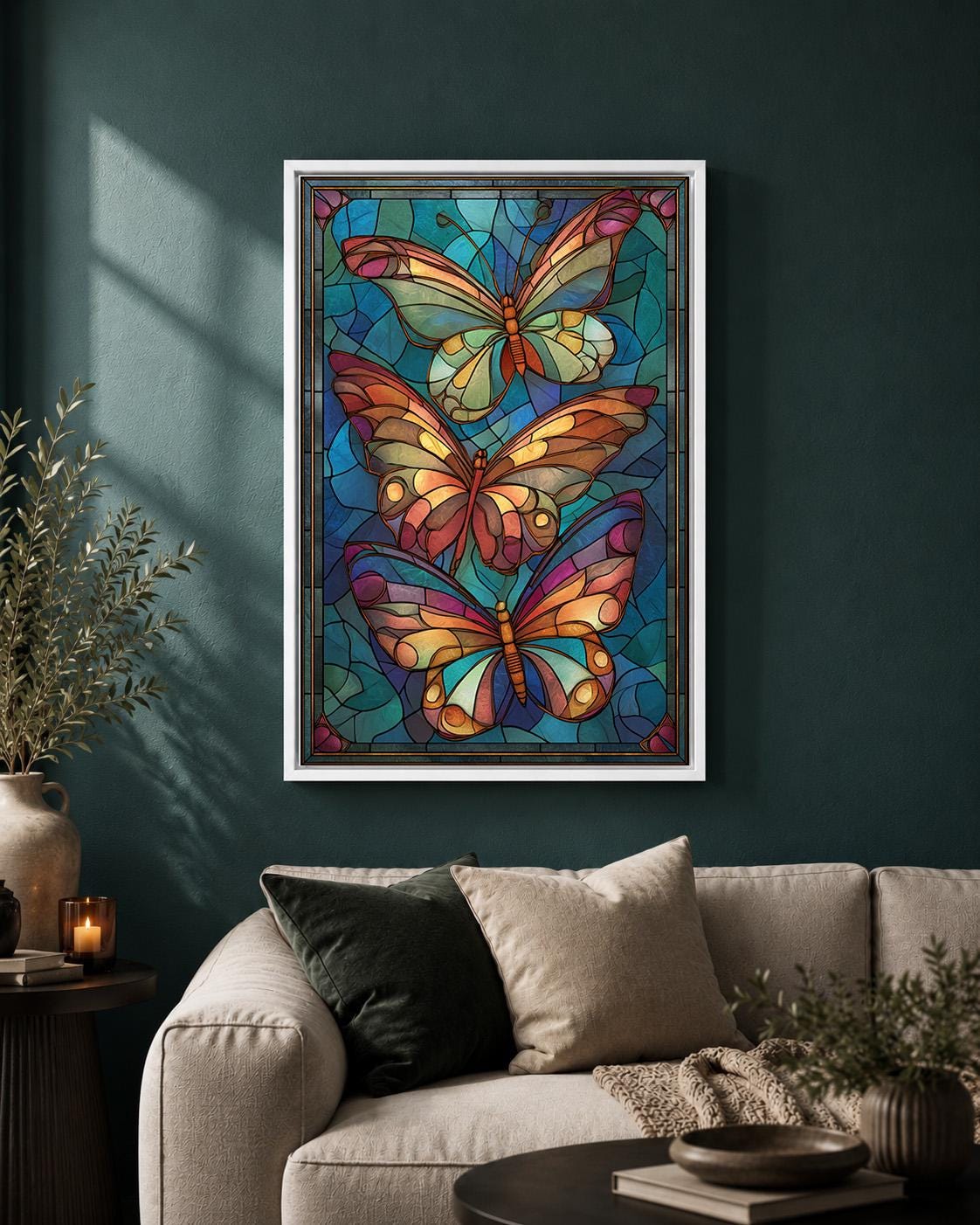 Stained Glass Butterfly Framed Canvas Art, Art Nouveau Wall Decor, Vibrant Nature Print by The Wall Art Studio - physical