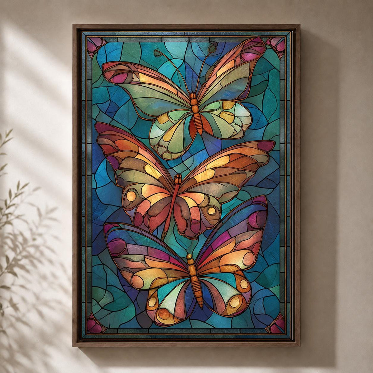 Stained Glass Butterfly Framed Canvas Art, Art Nouveau Wall Decor, Vibrant Nature Print by The Wall Art Studio - physical