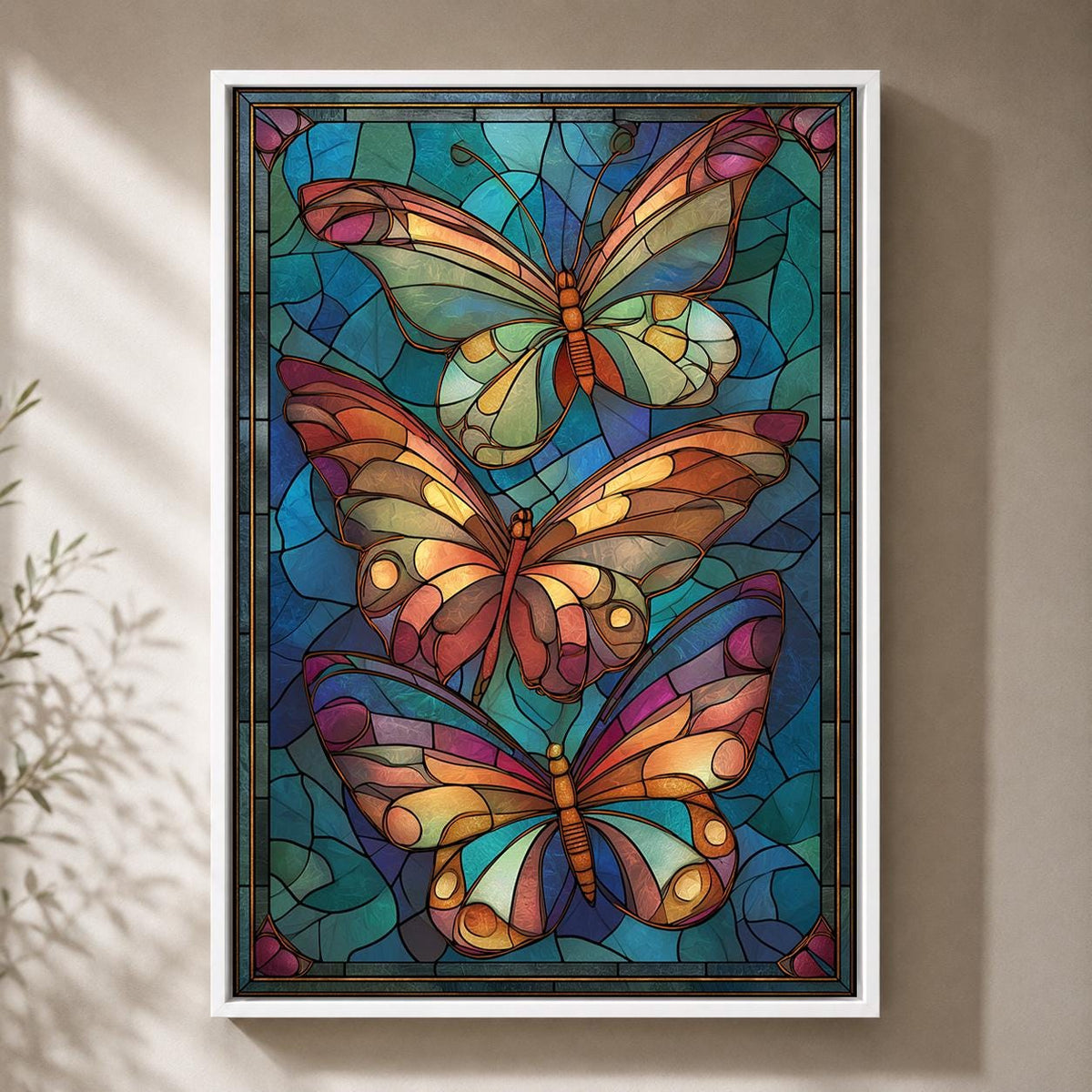 Stained Glass Butterfly Framed Canvas Art, Art Nouveau Wall Decor, Vibrant Nature Print by The Wall Art Studio - physical