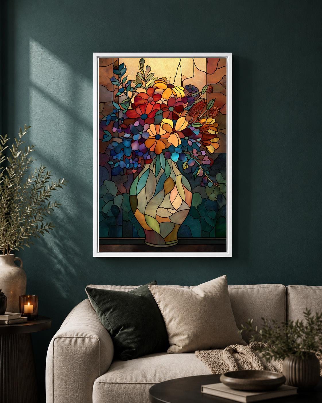 Stained Glass Floral Vase Framed Canvas Art, Art Nouveau Botanical Print, Framed Wall Decor by The Wall Art Studio - physical