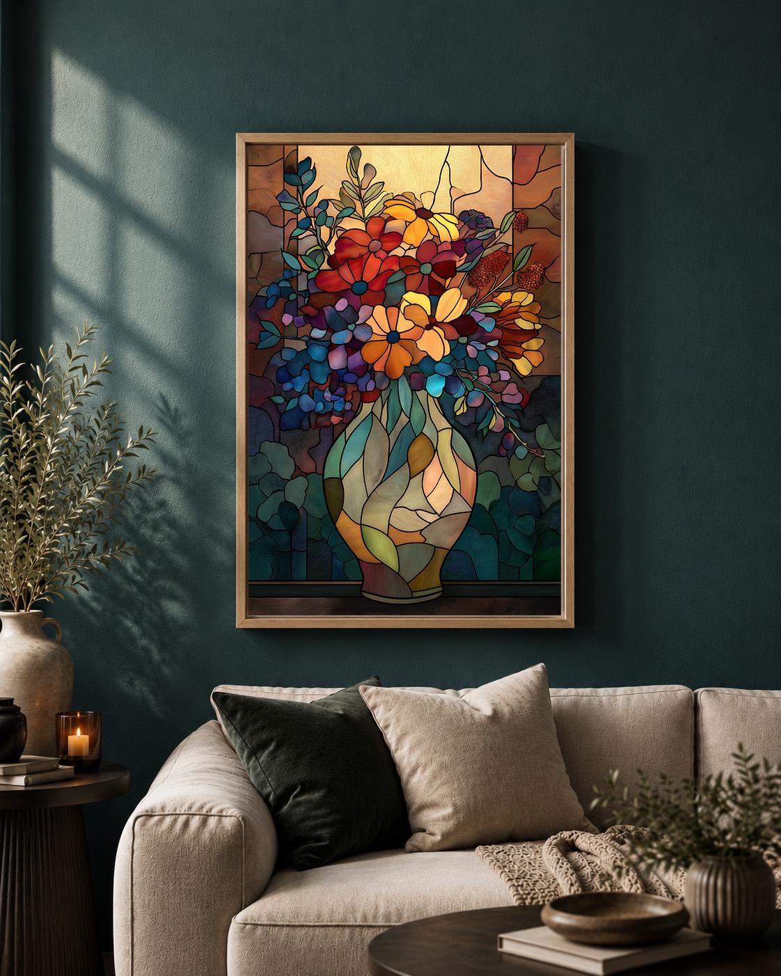 Stained Glass Floral Vase Framed Canvas Art, Art Nouveau Botanical Print, Framed Wall Decor by The Wall Art Studio - physical