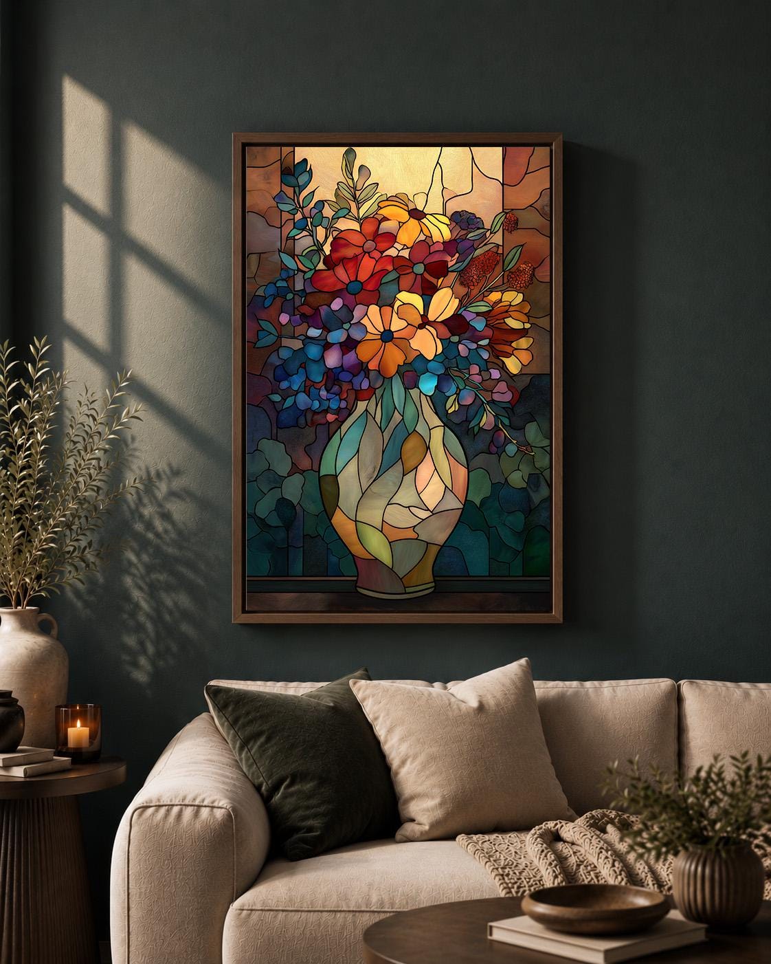 Stained Glass Floral Vase Framed Canvas Art, Art Nouveau Botanical Print, Framed Wall Decor by The Wall Art Studio - physical