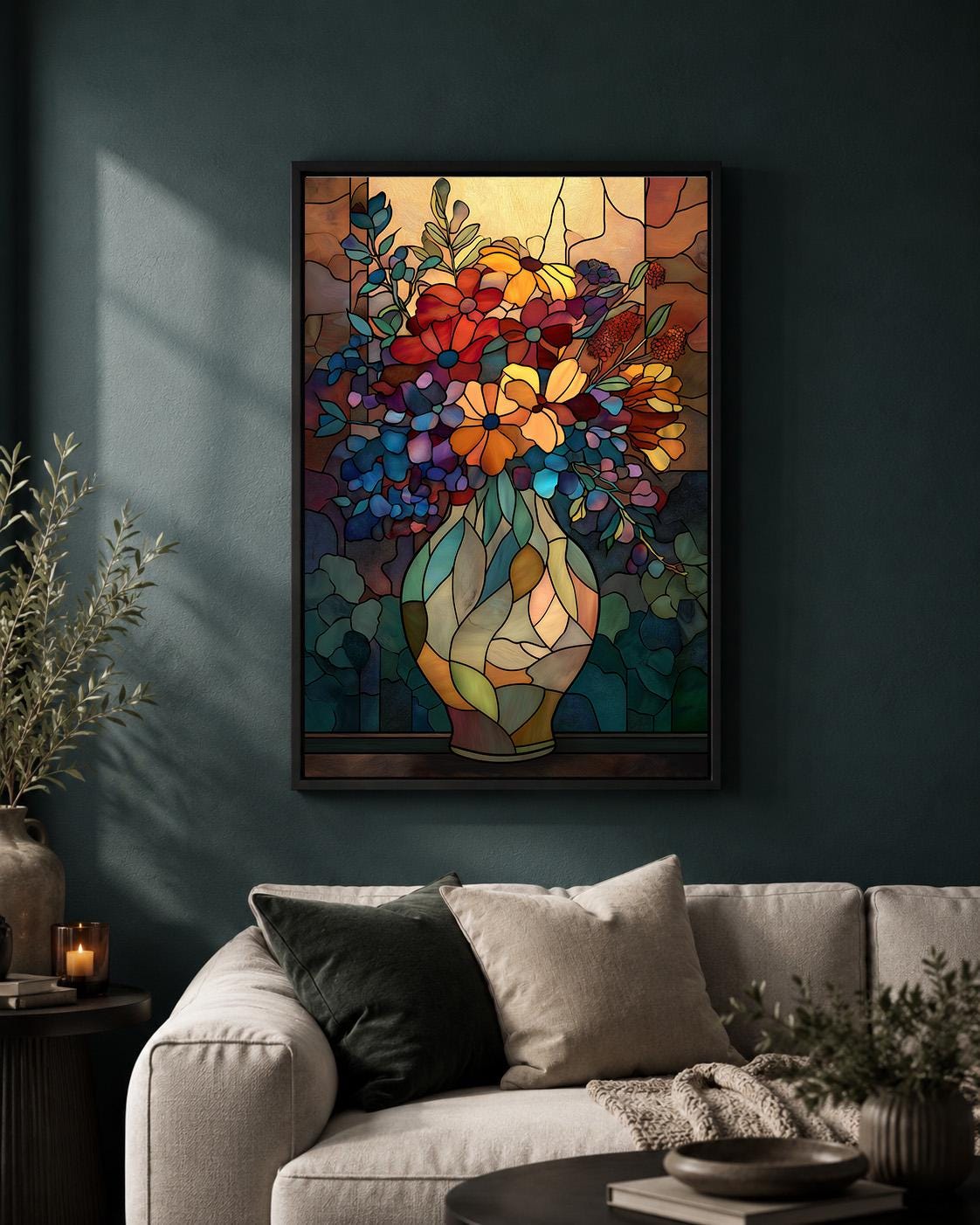 Stained Glass Floral Vase Framed Canvas Art, Art Nouveau Botanical Print, Framed Wall Decor by The Wall Art Studio - physical