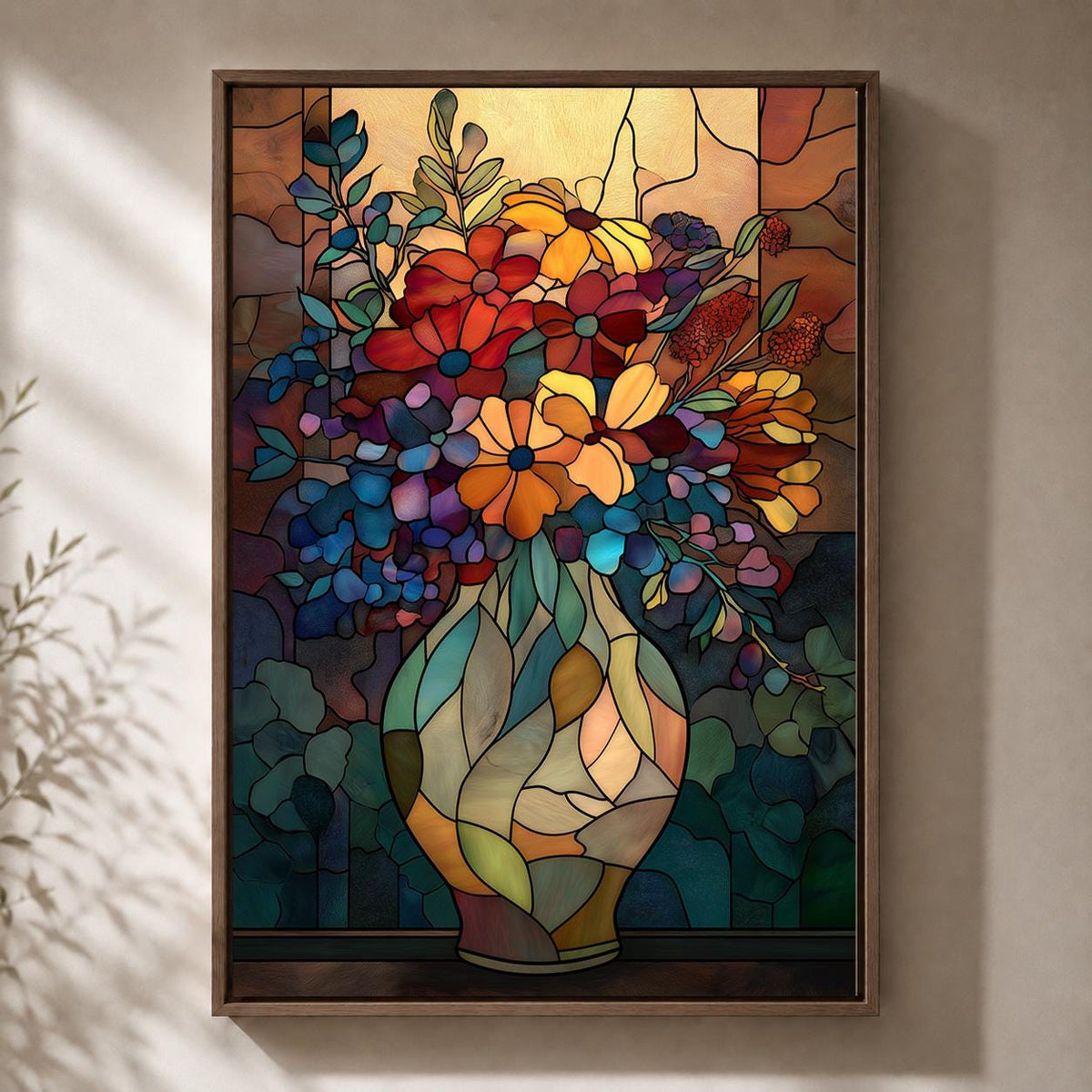 Stained Glass Floral Vase Framed Canvas Art, Art Nouveau Botanical Print, Framed Wall Decor by The Wall Art Studio - physical