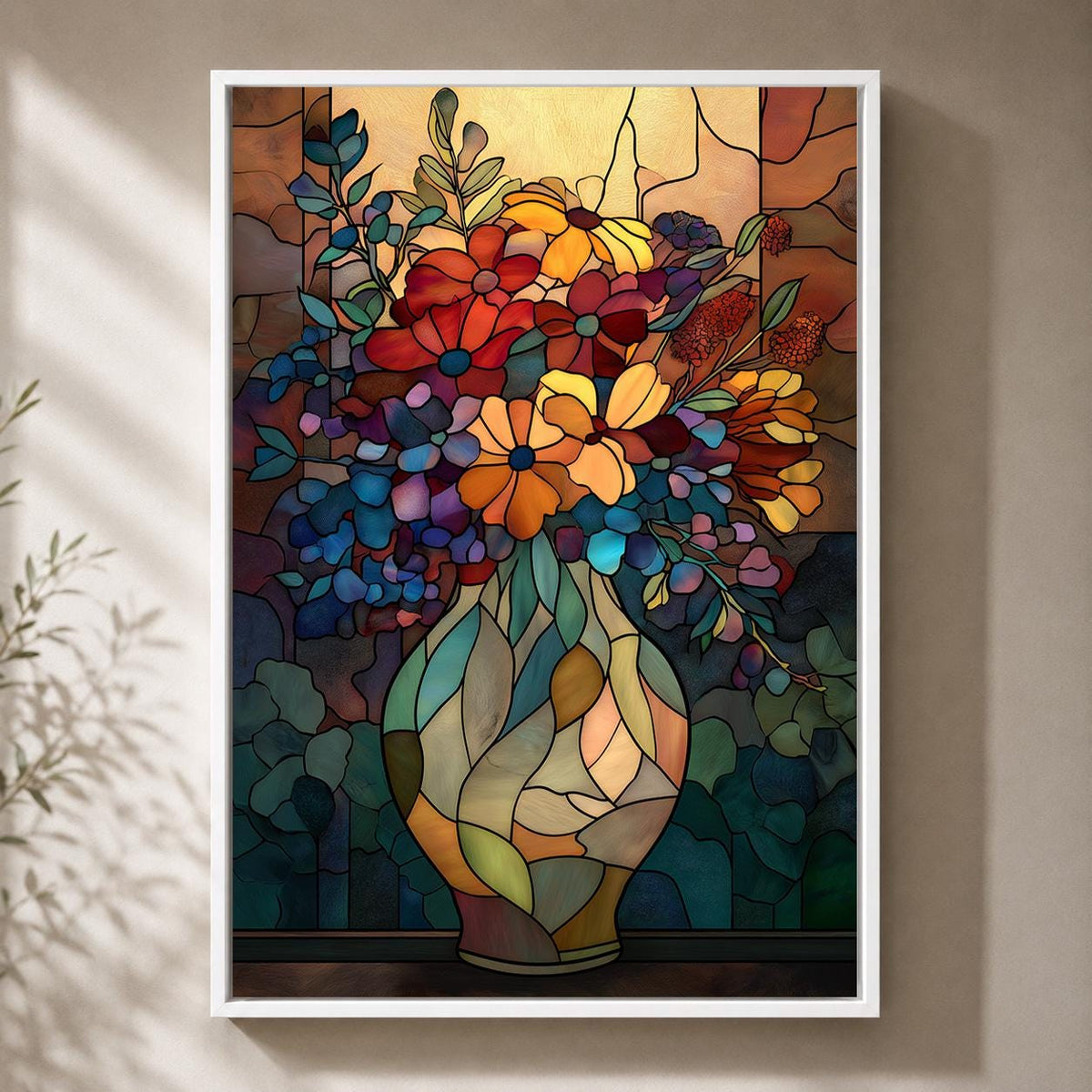Stained Glass Floral Vase Framed Canvas Art, Art Nouveau Botanical Print, Framed Wall Decor by The Wall Art Studio - physical