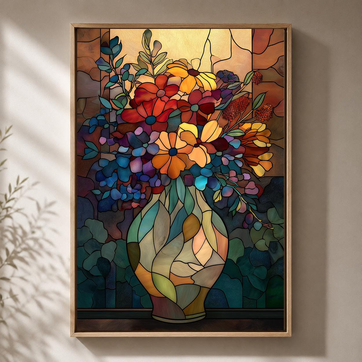 Stained Glass Floral Vase Framed Canvas Art, Art Nouveau Botanical Print, Framed Wall Decor by The Wall Art Studio - physical