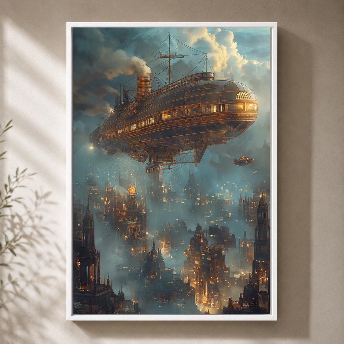 Steampunk Airship Framed Canvas Art, Futuristic Zeppelin Cityscape Print, Industrial Sci Fi Decor by The Wall Art Studio -...