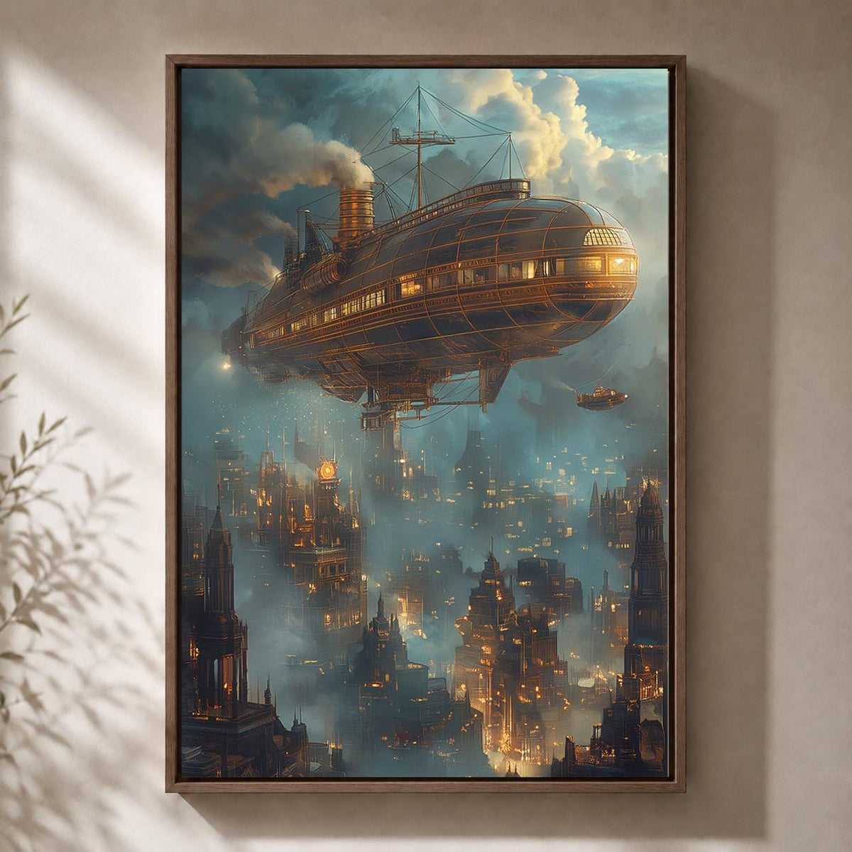 Steampunk Airship Framed Canvas Art, Futuristic Zeppelin Cityscape Print, Industrial Sci Fi Decor by The Wall Art Studio -...