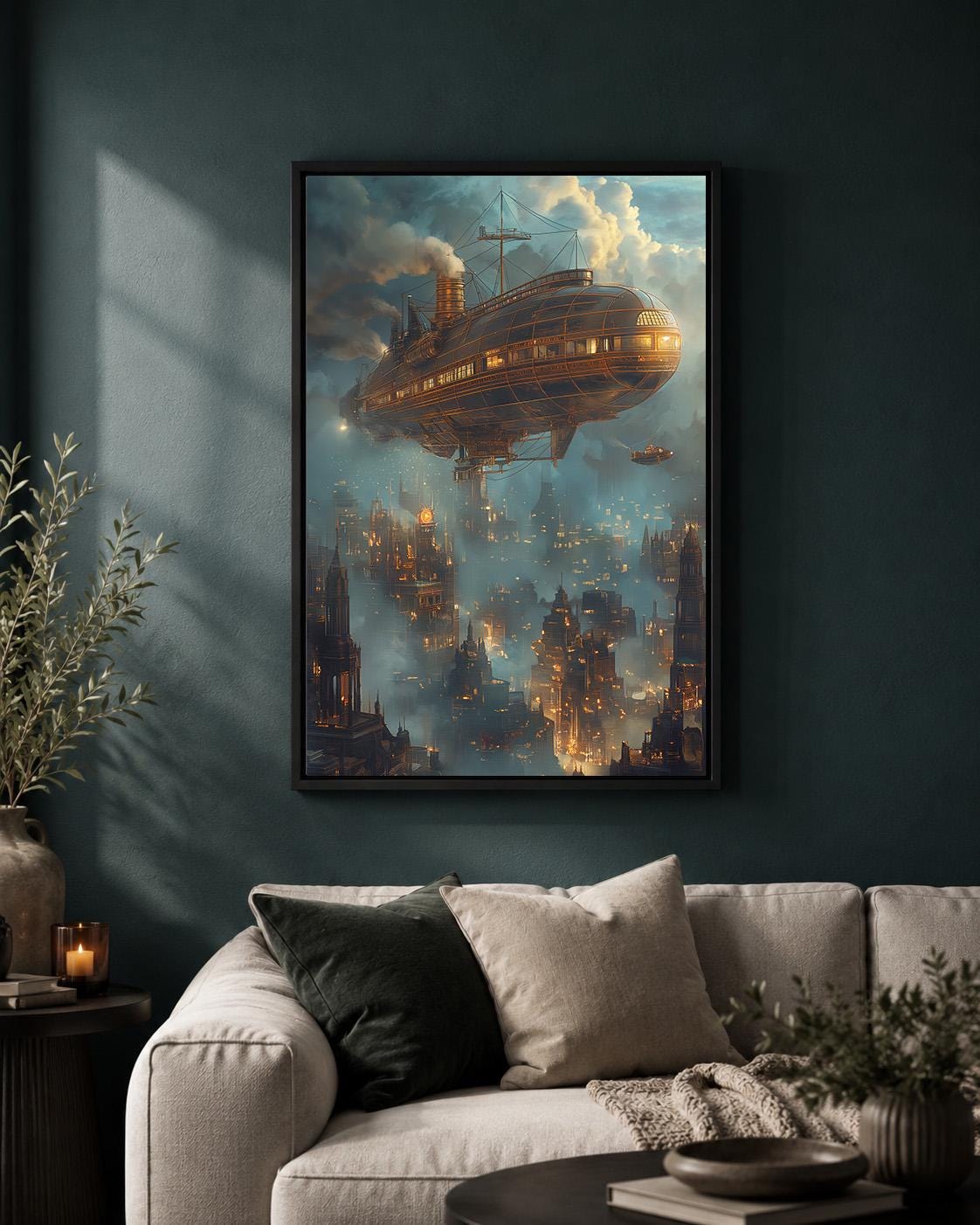 Steampunk Airship Framed Canvas Art, Futuristic Zeppelin Cityscape Print, Industrial Sci Fi Decor by The Wall Art Studio -...