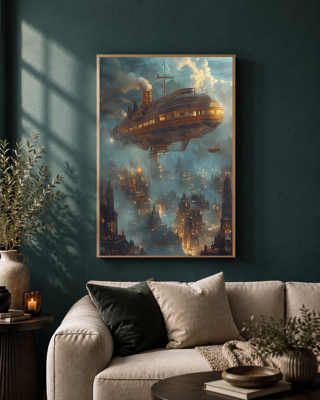 Steampunk Airship Framed Canvas Art, Futuristic Zeppelin Cityscape Print, Industrial Sci Fi Decor by The Wall Art Studio -...