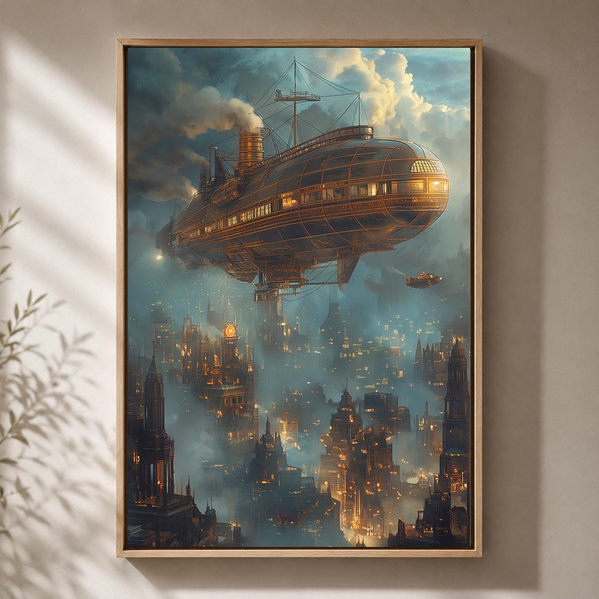 Steampunk Airship Framed Canvas Art, Futuristic Zeppelin Cityscape Print, Industrial Sci Fi Decor by The Wall Art Studio -...