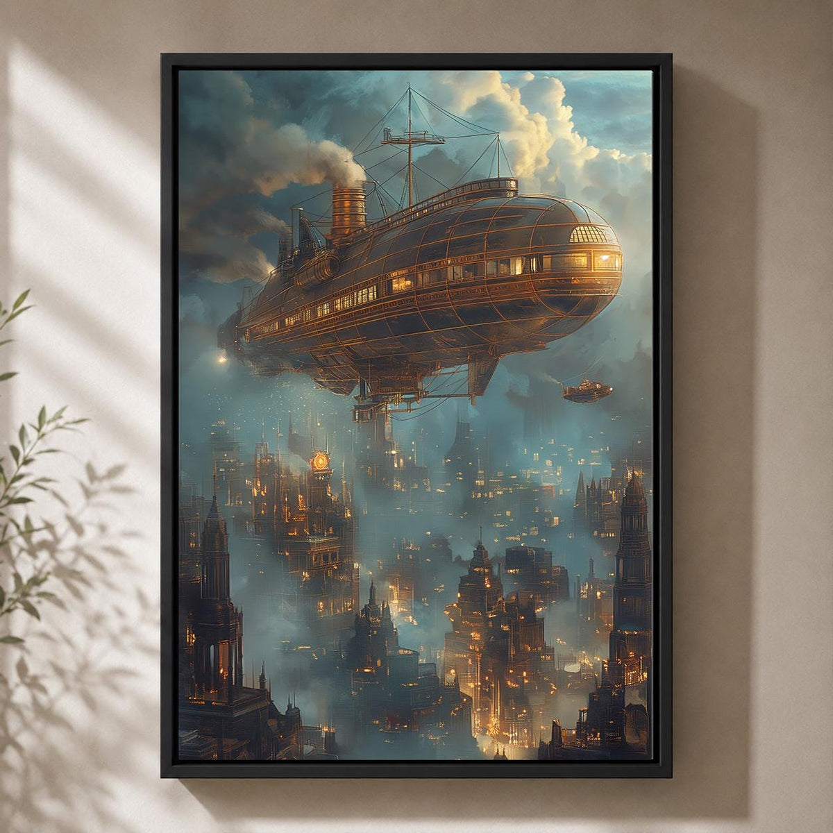 Steampunk Airship Framed Canvas Art, Futuristic Zeppelin Cityscape Print, Industrial Sci Fi Decor by The Wall Art Studio -...