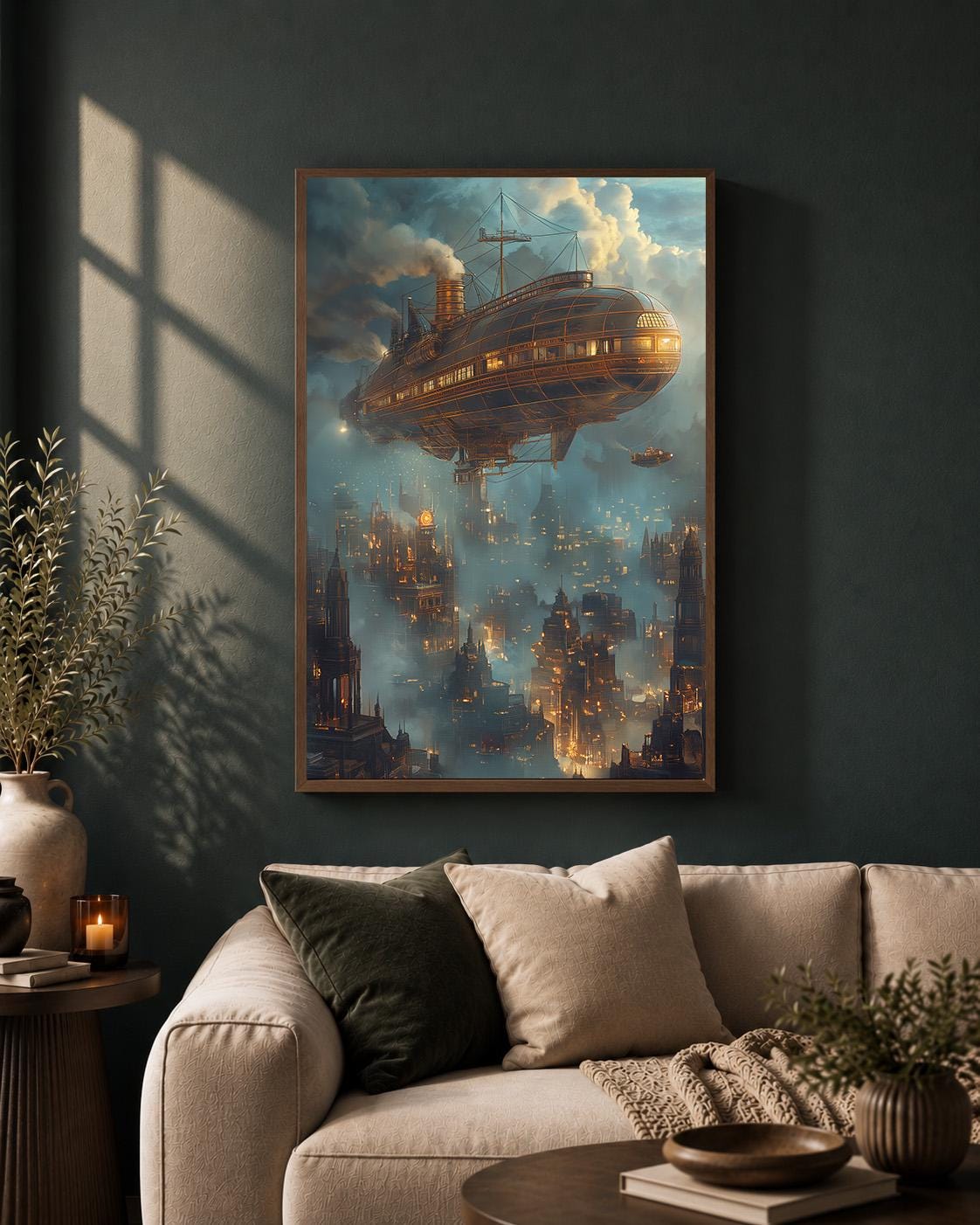Steampunk Airship Framed Canvas Art, Futuristic Zeppelin Cityscape Print, Industrial Sci Fi Decor by The Wall Art Studio -...